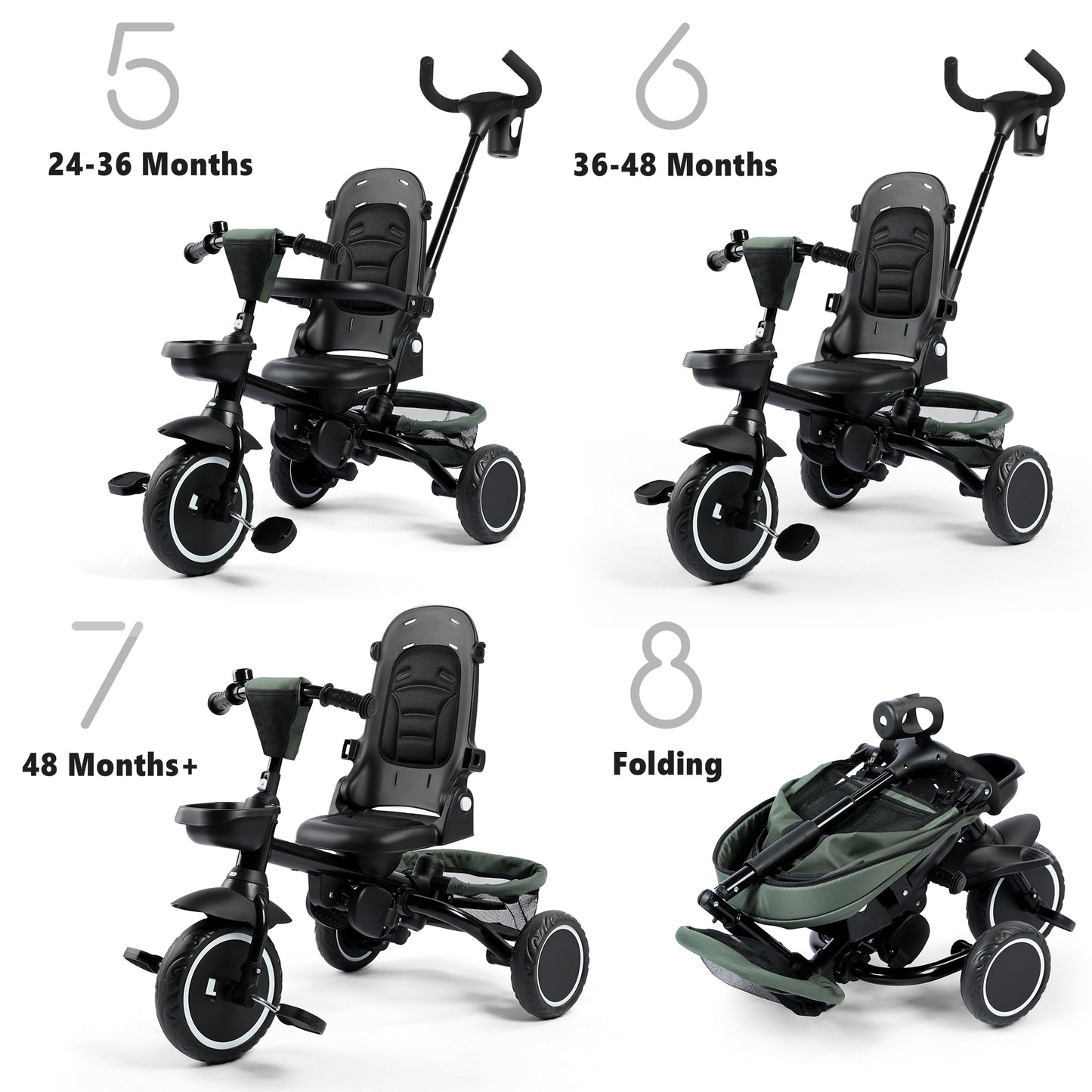 AILEEKISS 8-in-1 Kids' Tricycle Stroller, Folding Toddler Bicycle Unisex Ride Trike 1-6 Years, Military Green