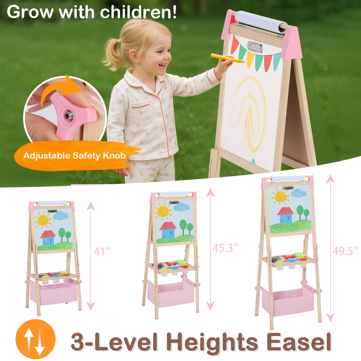 LINLUX Double-Sided Art Easel for Kids, 3 in 1 Wooden Kids Easel w/Paper Roller & Art Supplies, Pink