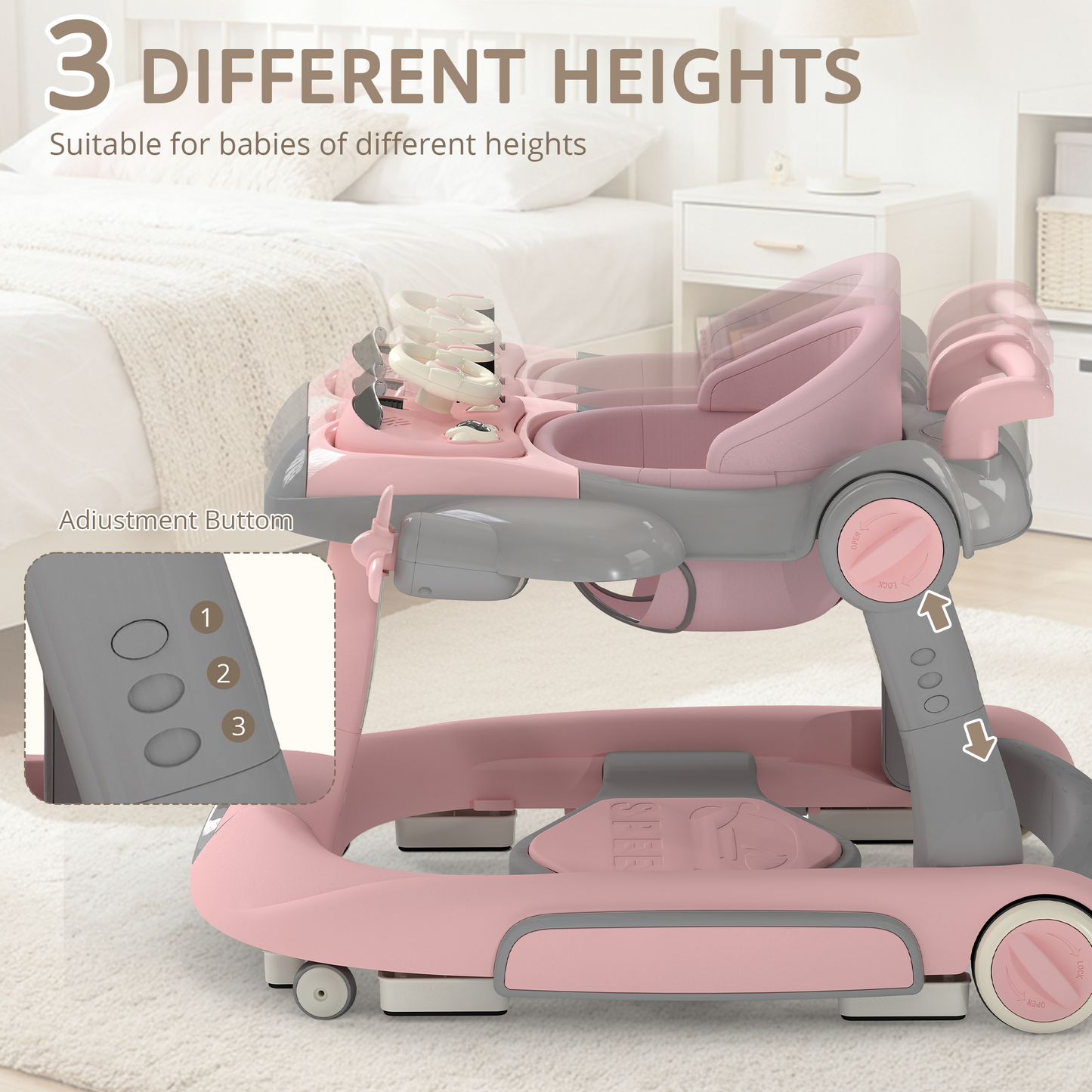 AILEEKISS 5-in-1 Musical Baby Walker with Wheels, Foldable Baby Walker for Boys Girls, Pink& Gray