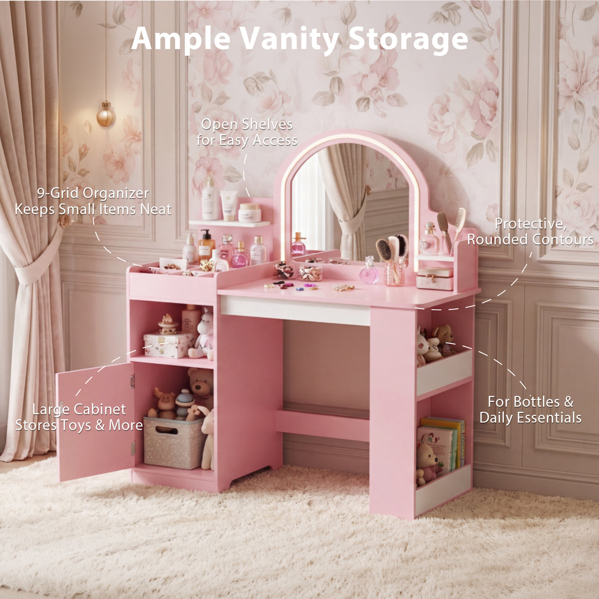 AILEEKISS Kids Vanity Set with Stool, Pretend Play Makeup Table with Jewelry Storage, Pink