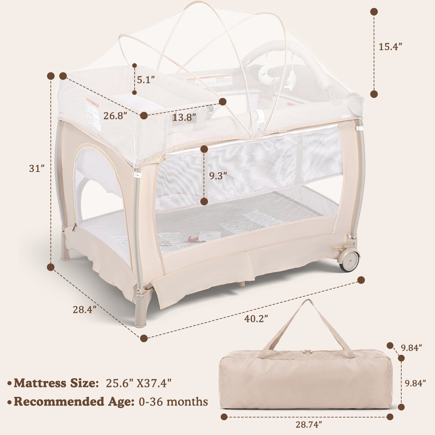 AILEEKISS 3-in-1 Baby Playard with Changing Table & Toy Bar, Portable Pack and Play for Newborn, Beige