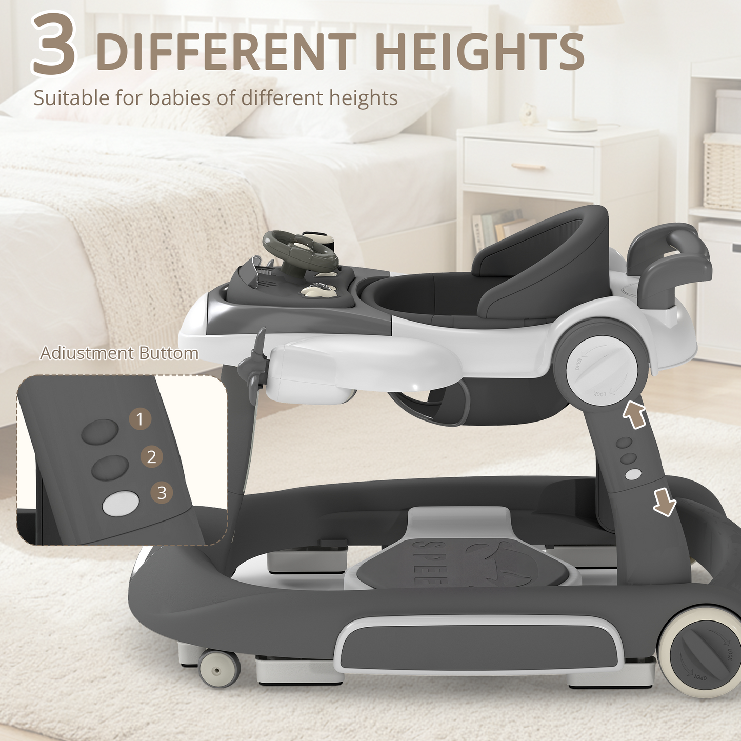 AILEEKISS 5-in-1 Musical Baby Walker with Wheels, Foldable Baby Walker for Boys Girls, Gray