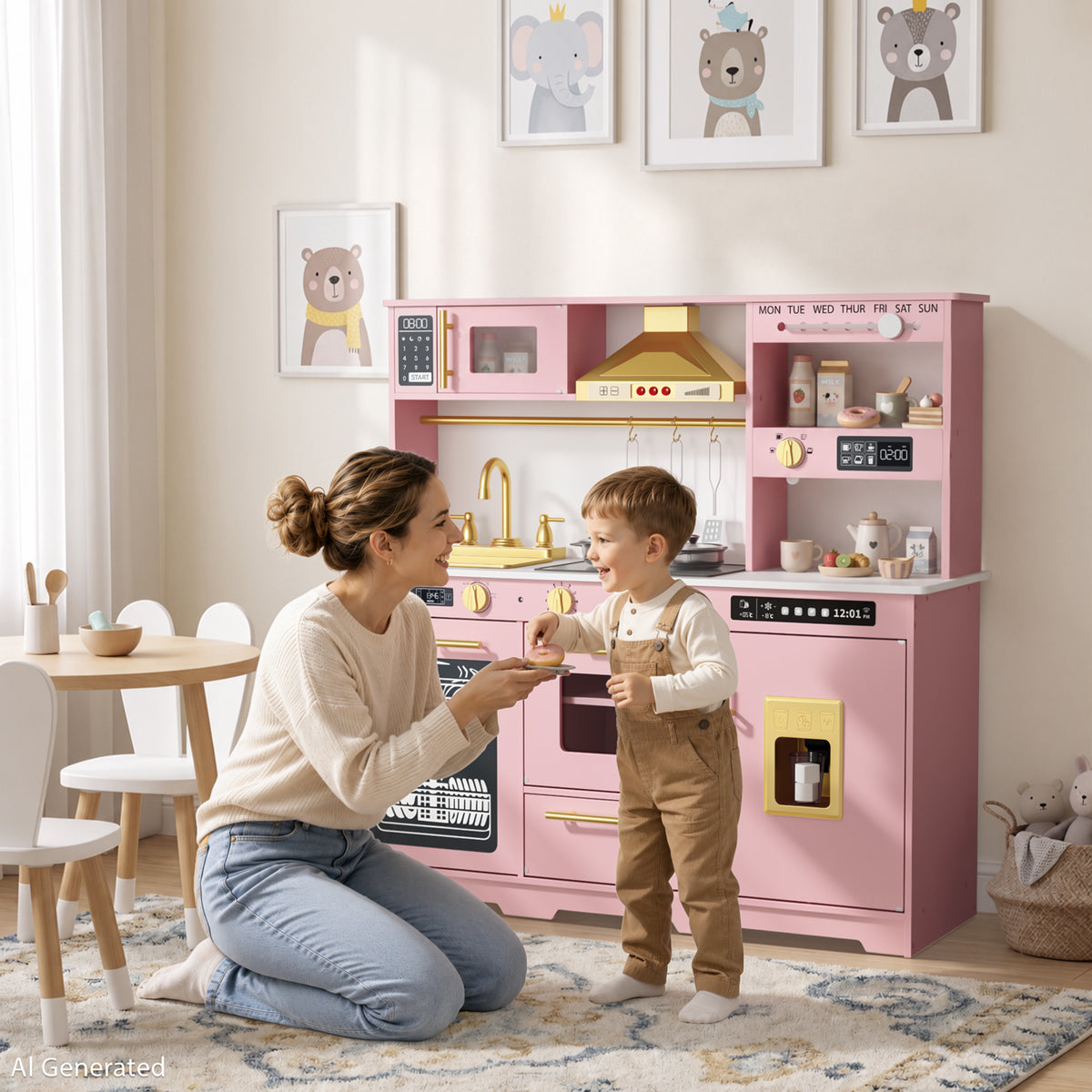 AILEEKISS Kids Toy Kitchen for Children, Pretend Kids Play Kitchen Set with Cooking Accessories, Pink