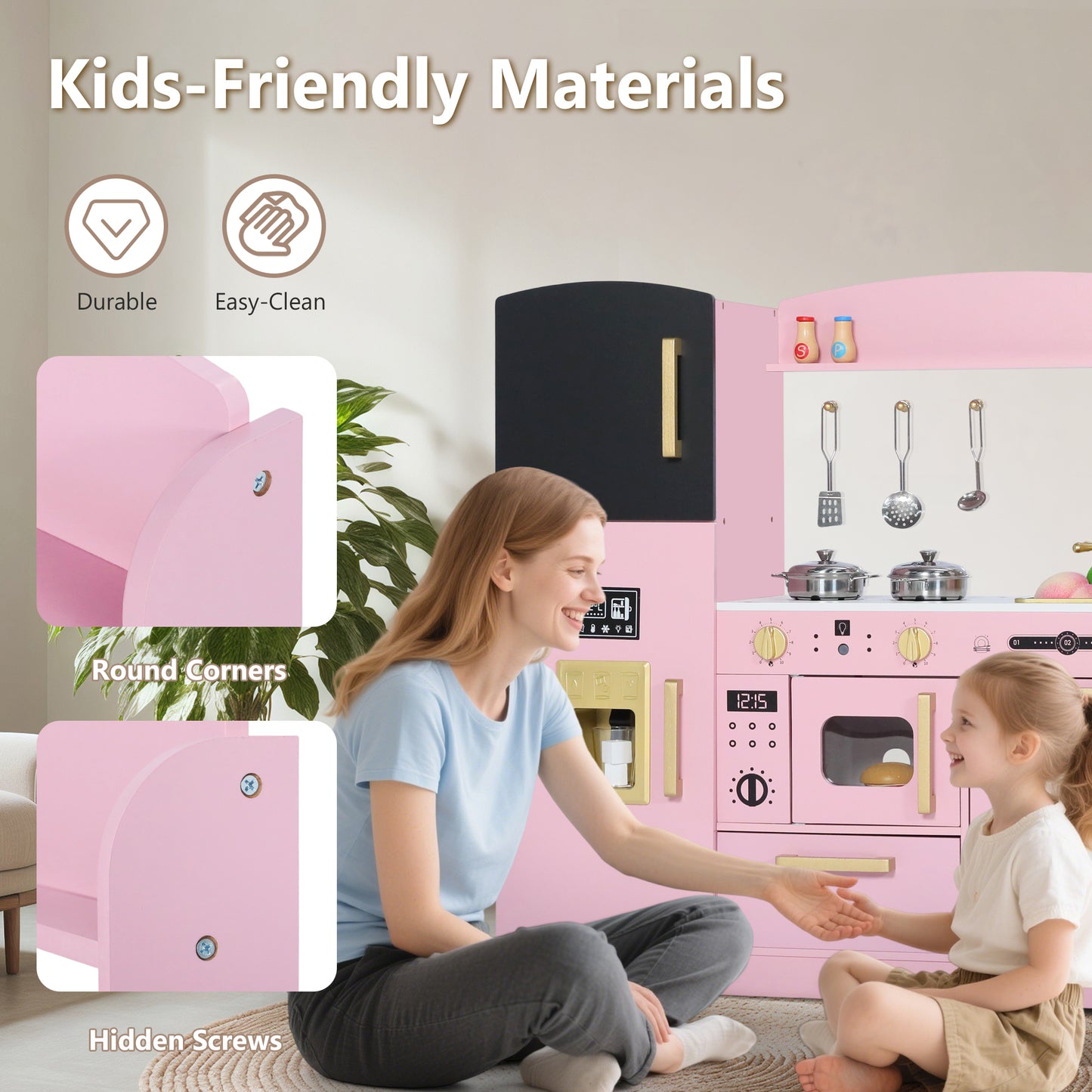 LINLUX Pretend Kids Play Kitchen, Toy Kitchen Playset for Toddler, Wood Kitchen Sets Baby, Pink