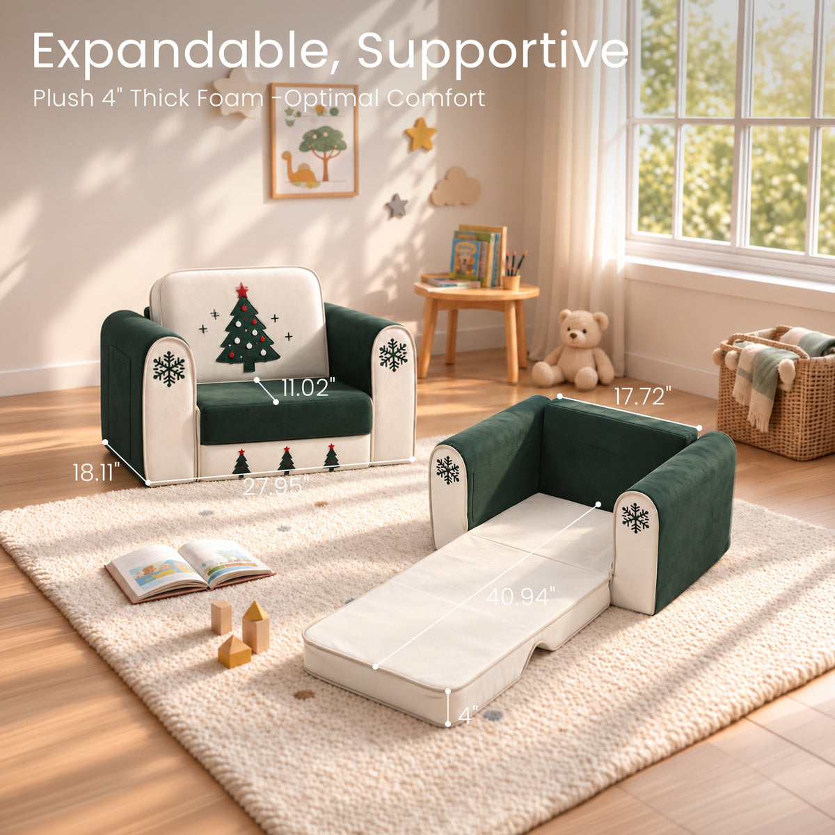 AILEEKISS 2-in-1 Toddler Sofa Chair, Foldable Kids Couch Flip Open Bed for Playroom, Beige Green