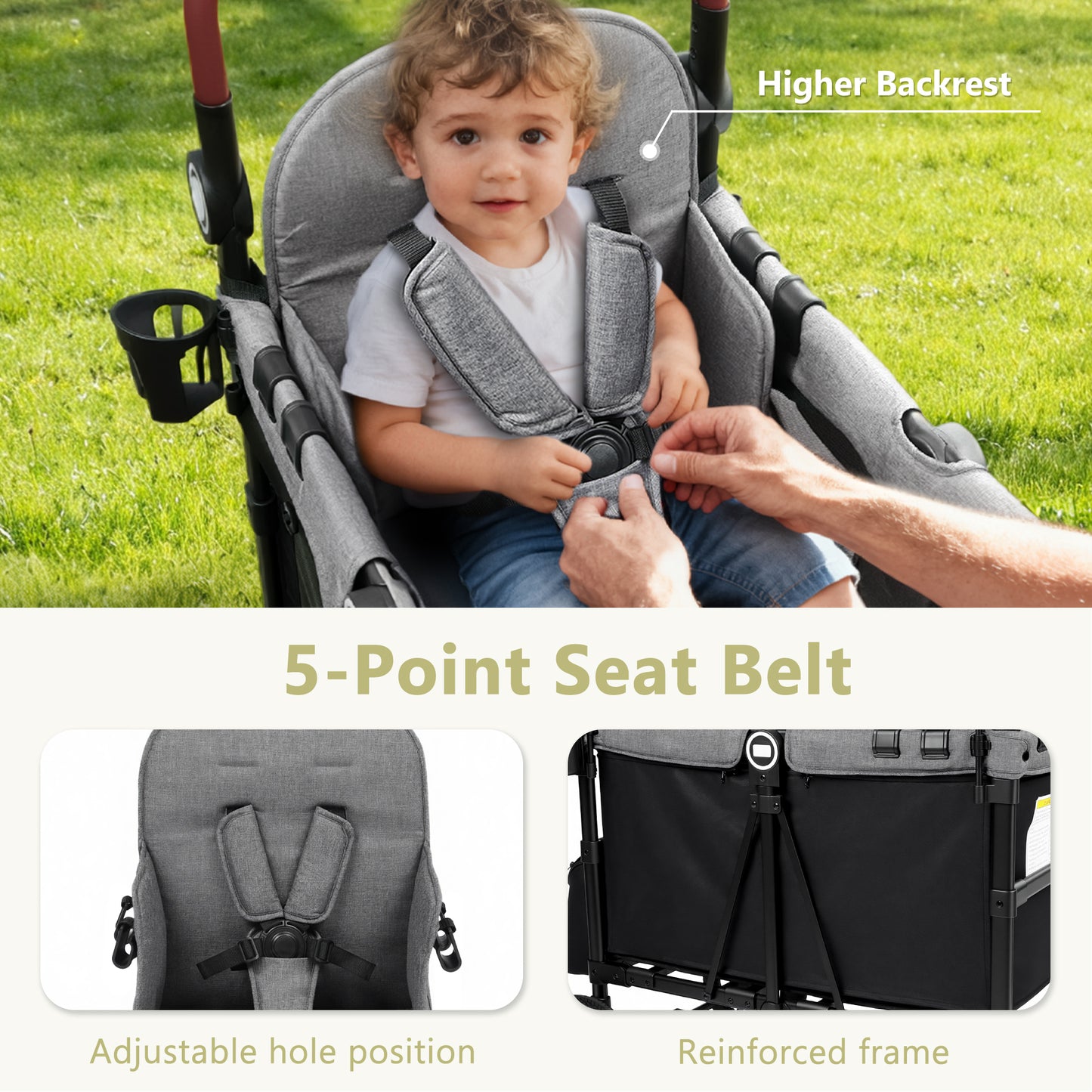 LINLUX 2 Kids Wagon Stroller, Foldable Outdoor 2-Seat Stroller Wagon, Removable Canopy, 55 Pound, Black
