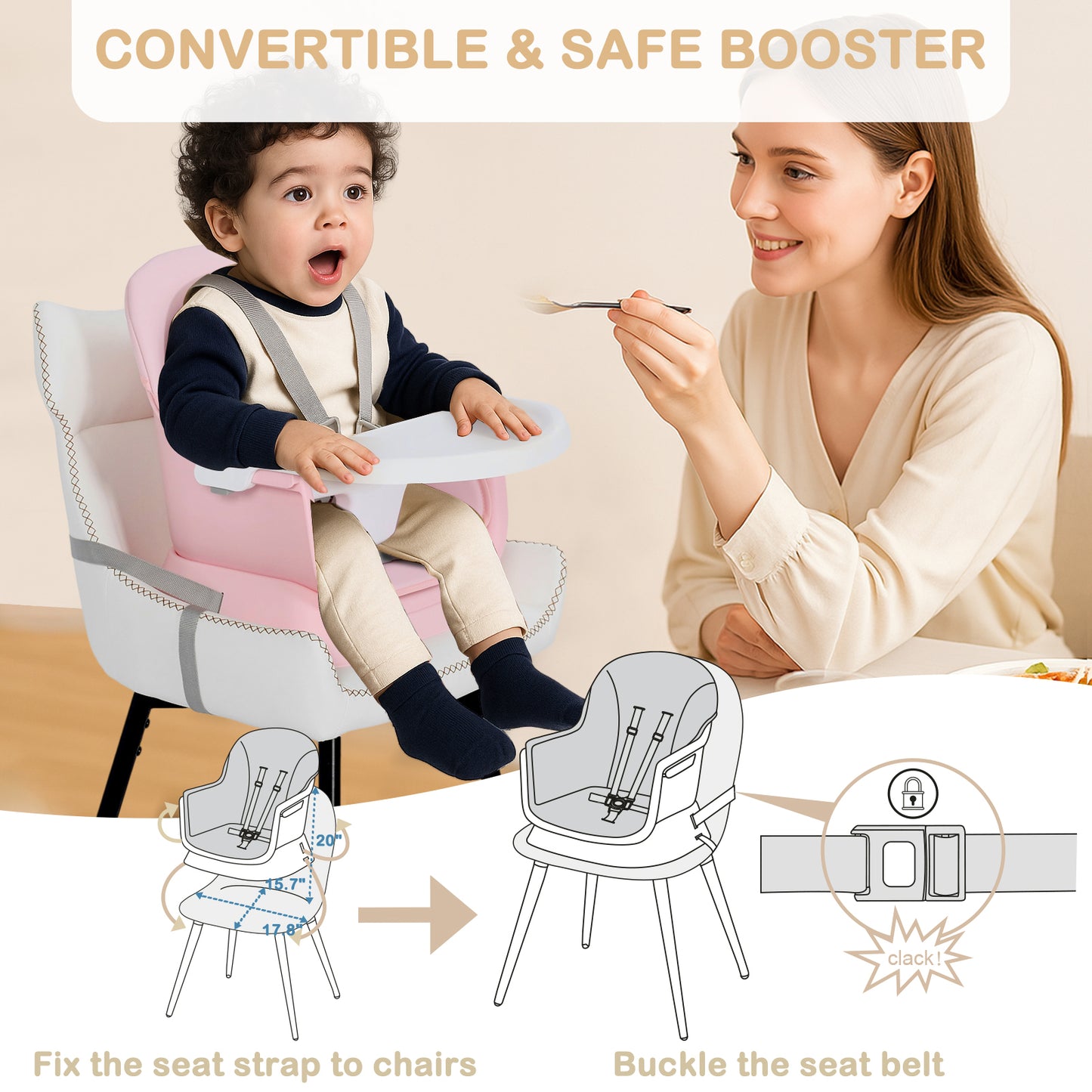 AILEEKISS 8 in 1 Baby High Chair, Toddler Dining Booster Seat for Eating, Pink White