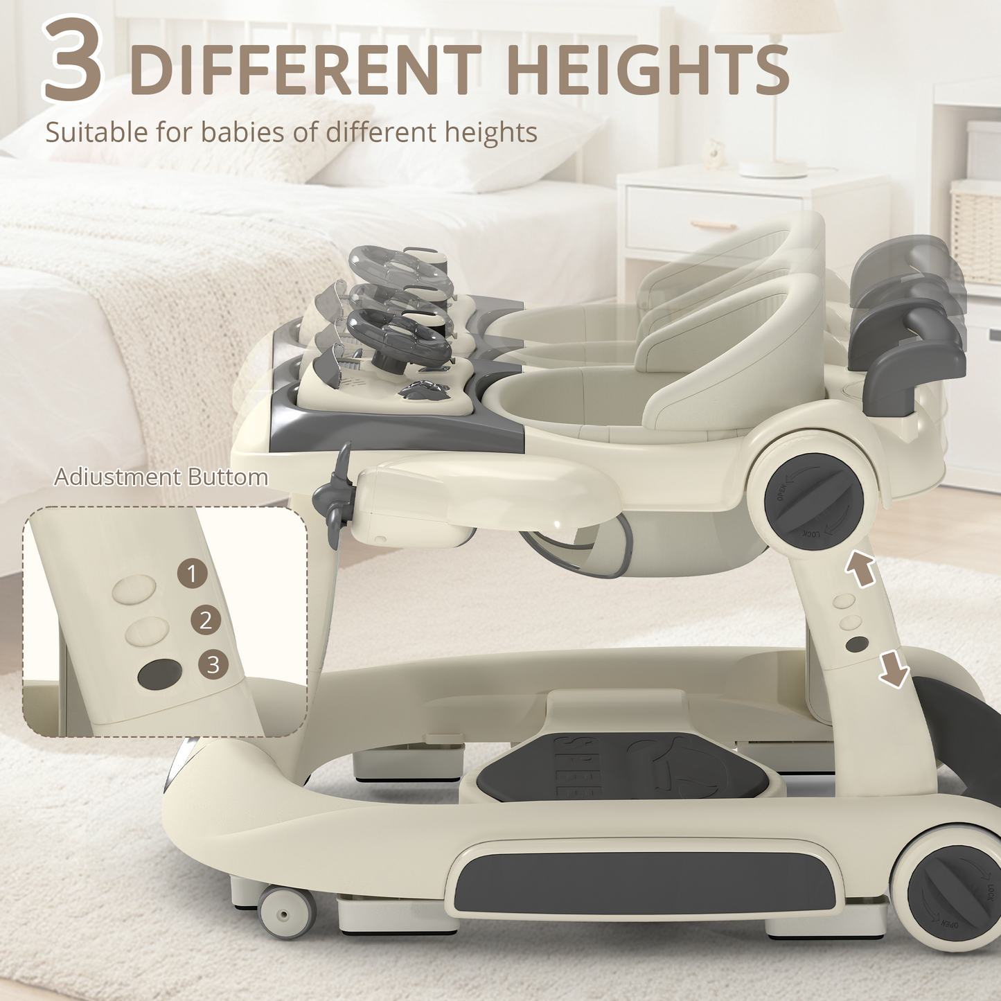 AILEEKISS 5-in-1 Musical Baby Walker with Wheels, Foldable Baby Walker for Boys Girls, Beige
