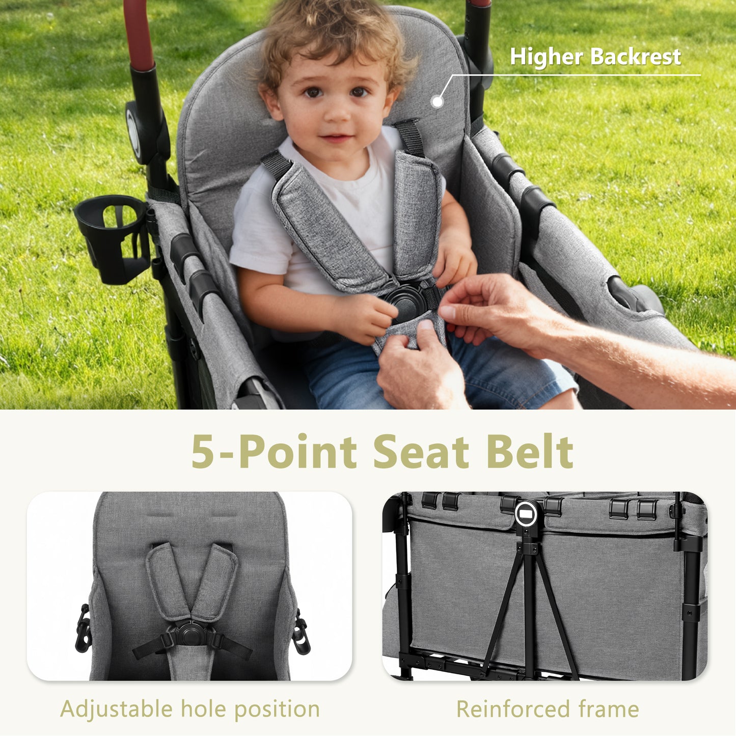 LINLUX 2 Kids Wagon Stroller, Foldable Outdoor 2-Seat Stroller Wagon, Removable Canopy, 55 Pound, Gray