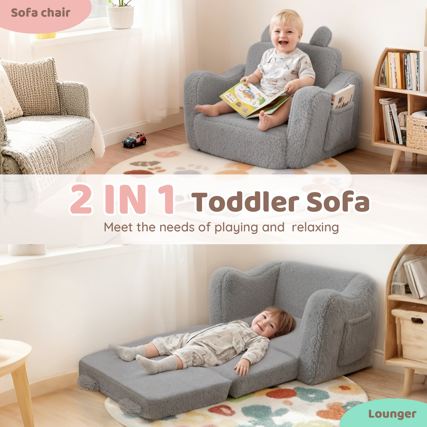 AILEEKISS Toddler Sofa, Foldable Kids Sofa Couch, Convertible Baby Lounger Chair for Playroom, Grey