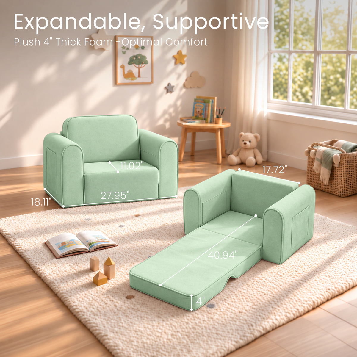 AILEEKISS 2-in-1 Toddler Sofa Chair, Foldable Kids Couch Flip Open Bed for Playroom, Green
