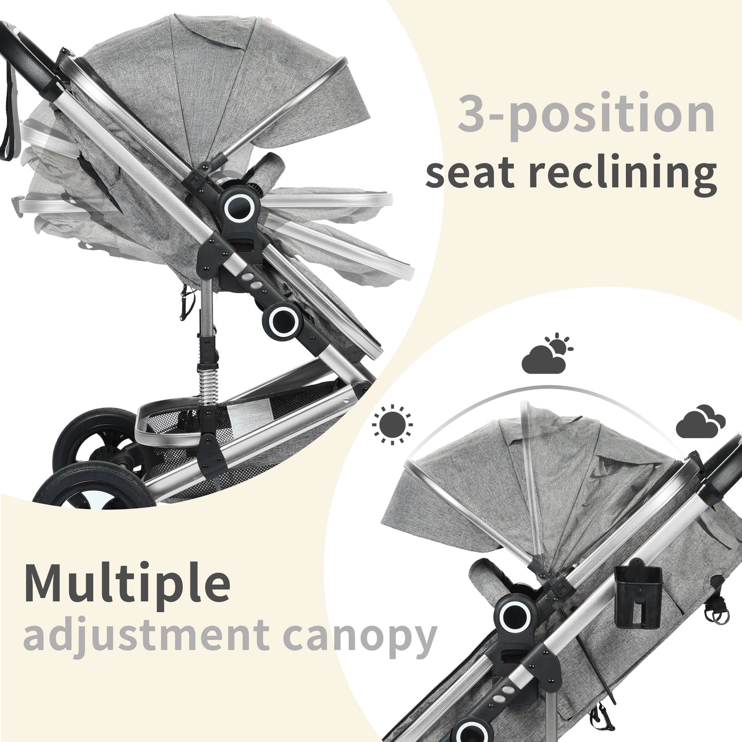 AILEEKISS 3 in 1 Convertible Baby Stroller, Unisex Folding Newborn Stroller with Big Seat, Dark Grey