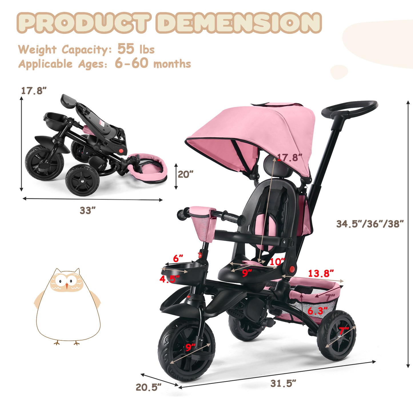 AILEEKISS Folding Kids' Tricycle, 8 IN1 Baby Trike W/Removable Canpoy&Parental Push Rod, Toddler Bike Stroller for Kids 1-5 Years, Pink