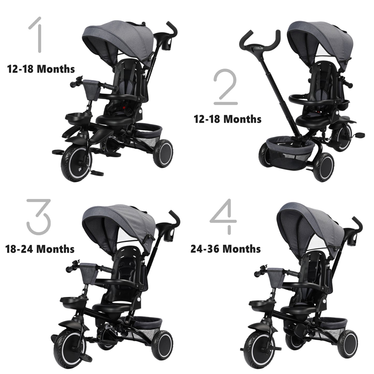 AILEEKISS 8-in-1 Kids' Tricycle Stroller, Toddler Bicycle Unisex Ride Trike 1-6 Years, Grey