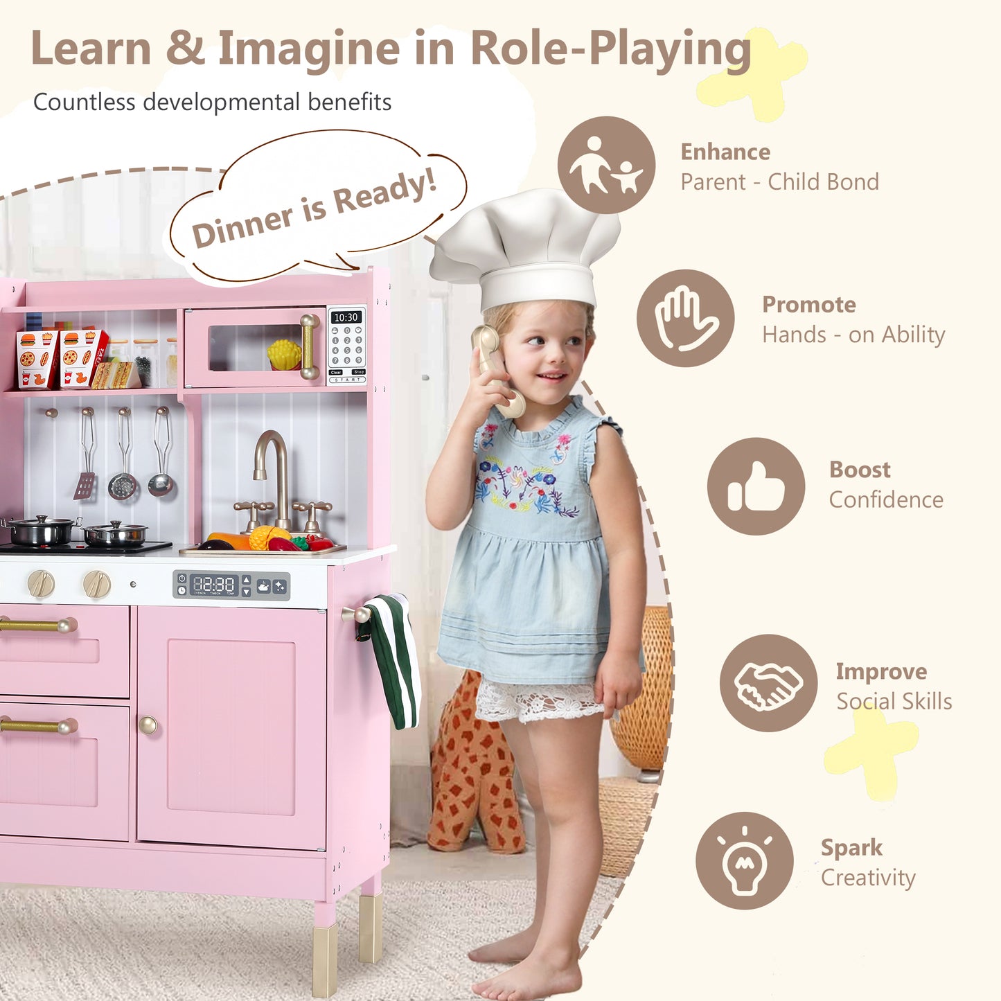 LINLUX Wooden Kids Play Kitchen, Toy Kitchen Playset For Toddler, Realistic Kitchen Sets Baby, Pink