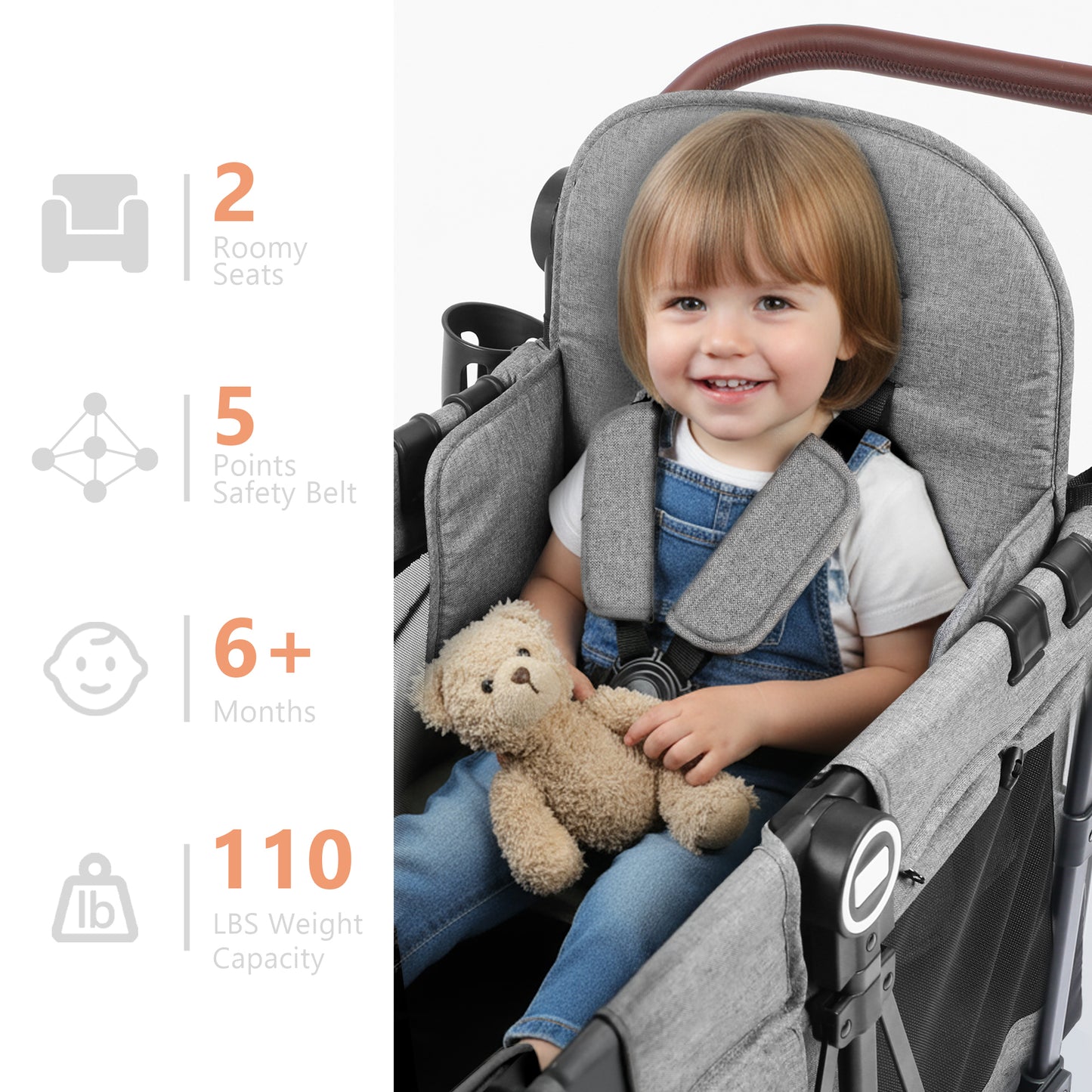 AILEEKISS Stroller Wagon for 2 Toddlers with Canopy, All-Terrain Baby Wagon Stroller,55 Pounds, Grey