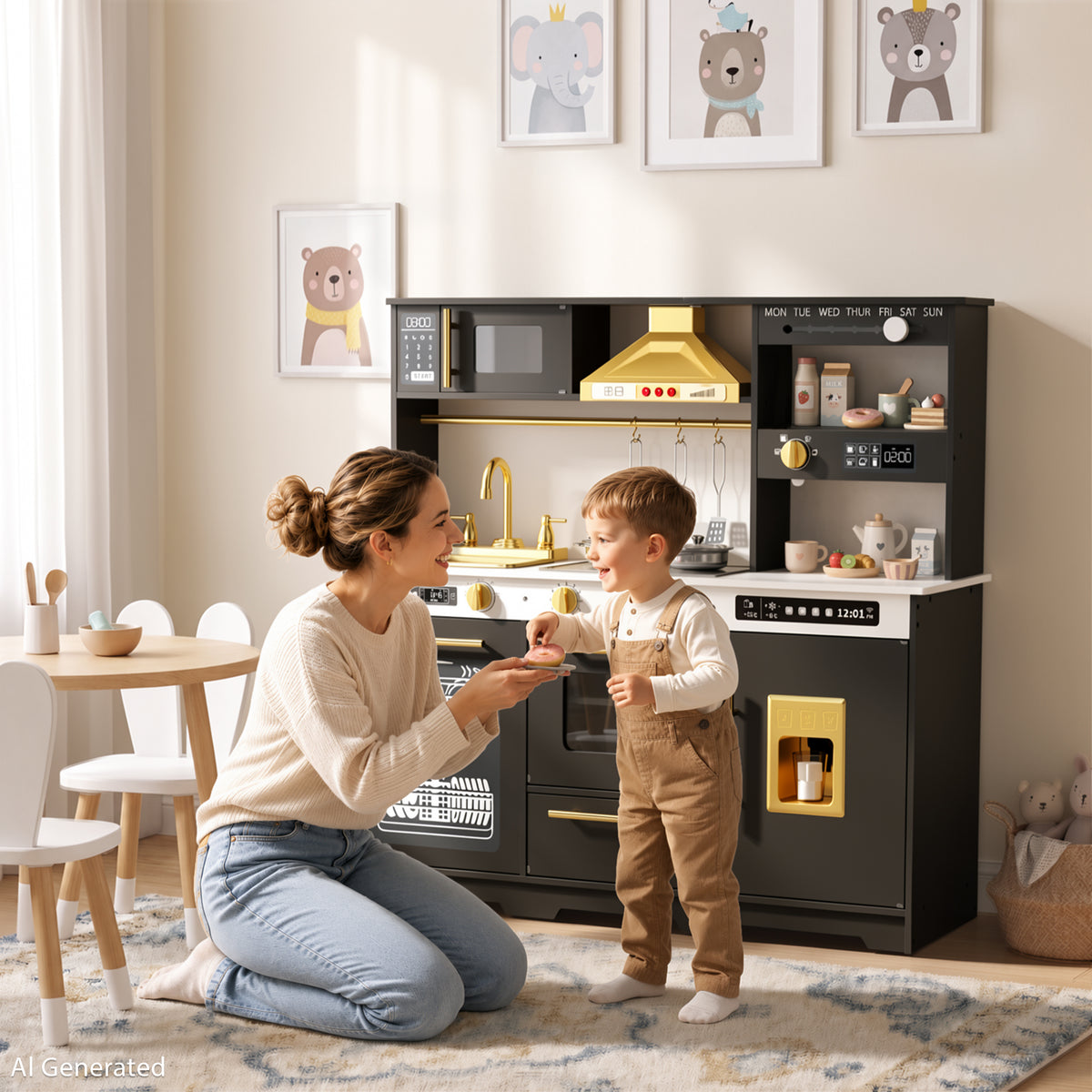 AILEEKISS Kids Toy Kitchen for Children, Pretend Kids Play Kitchen Set with Cooking Accessories, Black