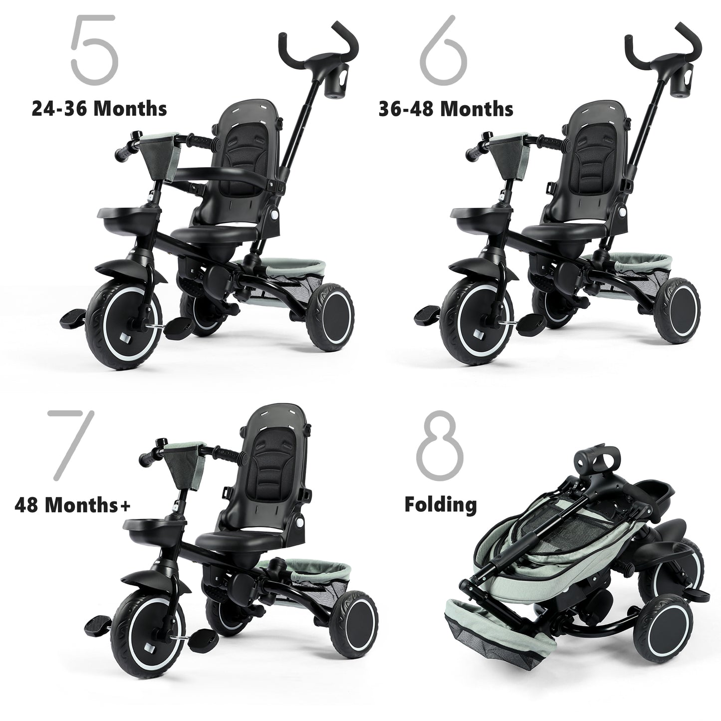 AILEEKISS 8-in-1 Kids' Tricycle Stroller, Folding Toddler Bicycle Unisex Ride Trike 1-6 Years, Mint Green