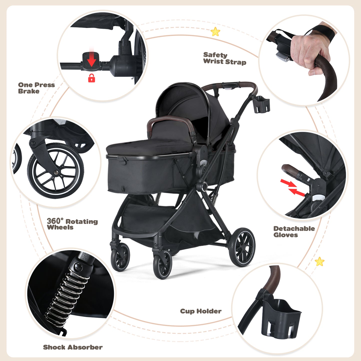 Baby Stroller, 3 in 1 Folding Infant Stroller & Unisex Bassinet Stroller for Newborn, Black