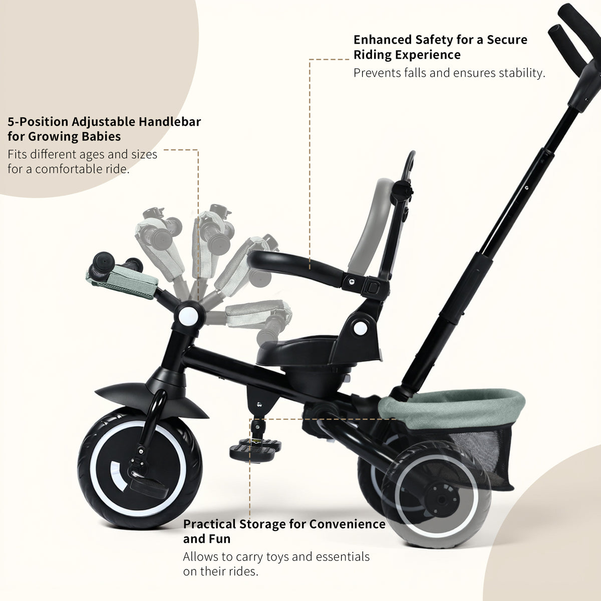 AILEEKISS 7-in-1 Kids' Tricycle with Push Handle, Foldable Trike Bicycles for Kids 1-5 Years, Green