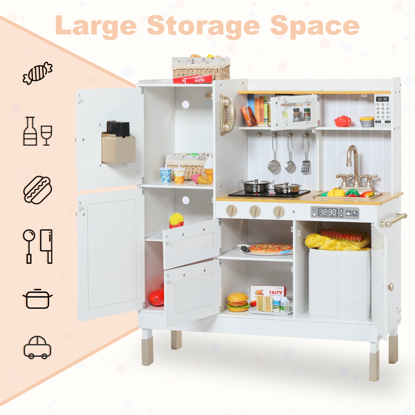 AILEEKISS Wood Kids Play Kitchen, Pretend Toy Kitchen Playset for Children with Sounds, White