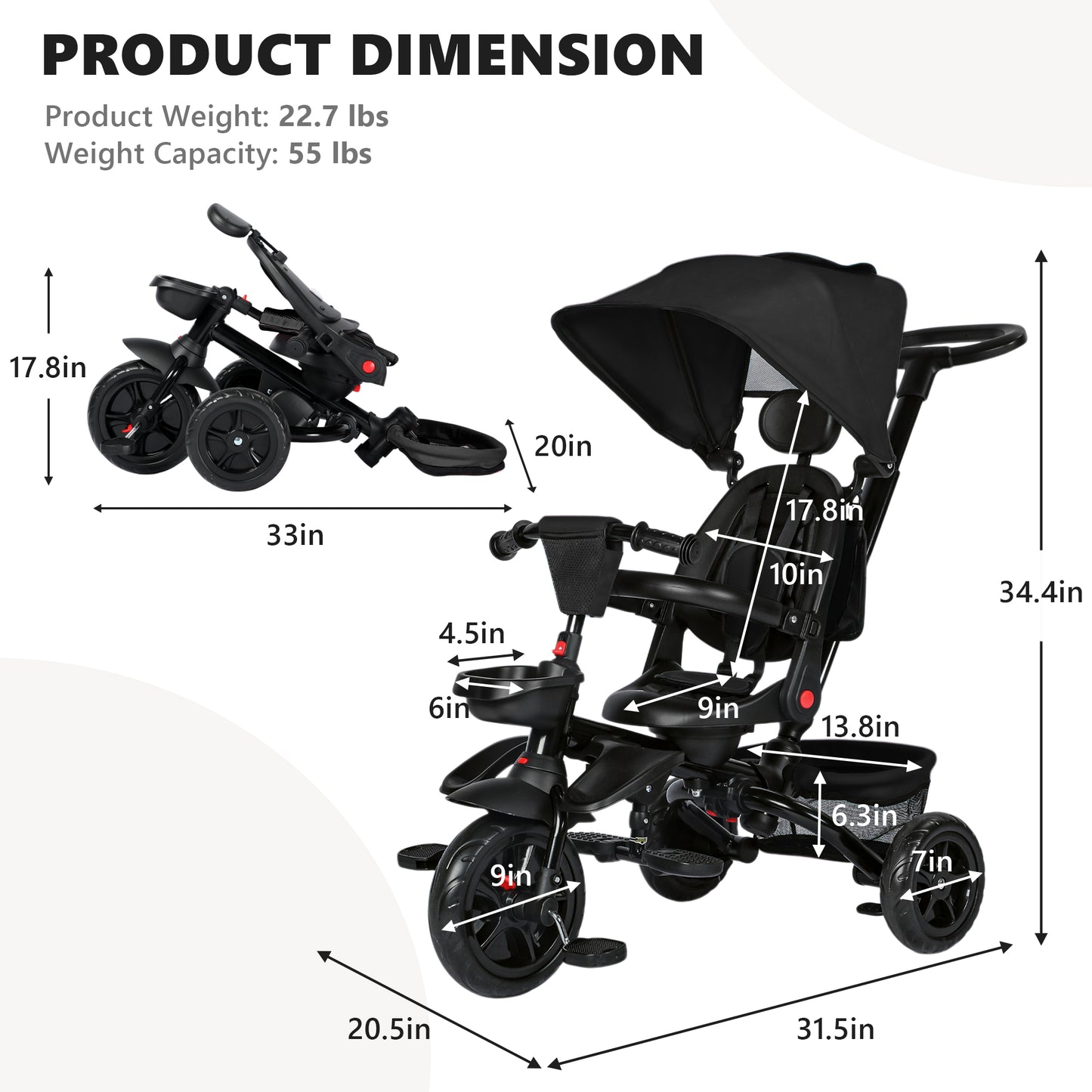 AILEEKISS Folding Kids' Tricycle, 8 IN1 Baby Trike W/Removable Canpoy&Parental Push Rod, Toddler Bike Stroller for Kids 1-5 Years, Black