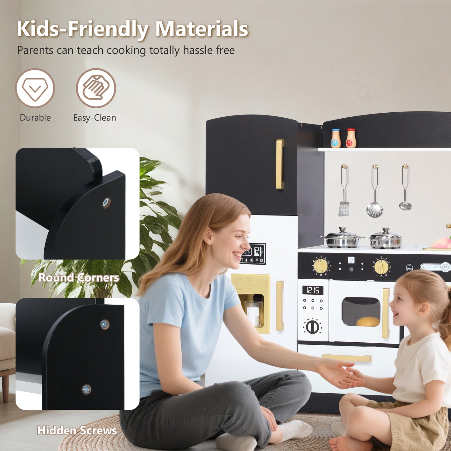 LINLUX Pretend Kids Play Kitchen, Toy Kitchen Playset for Toddler, Wood Kitchen Sets Baby, Black