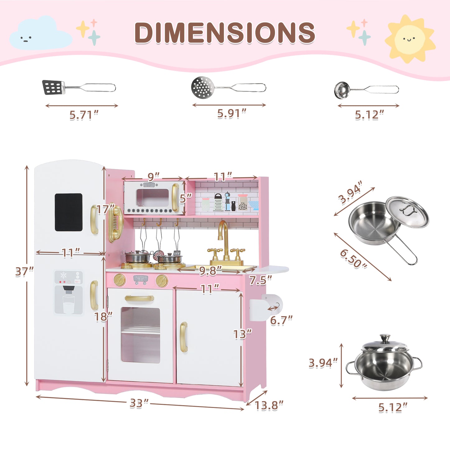 AILEEKISS Kids Play Kitchen Set, Wood Kitchen Playset for Toddler with Accessories, Gold Pink