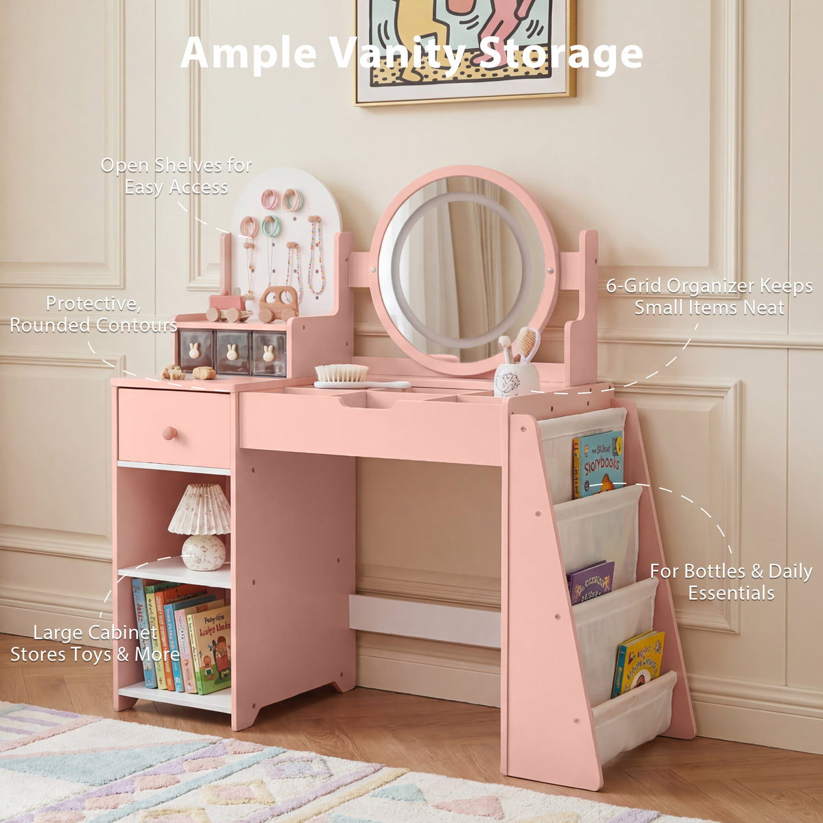 AILEEKISS Vanity Table Set with Drawers, Pretend Play Makeup Table with Storage Shelf, Pink