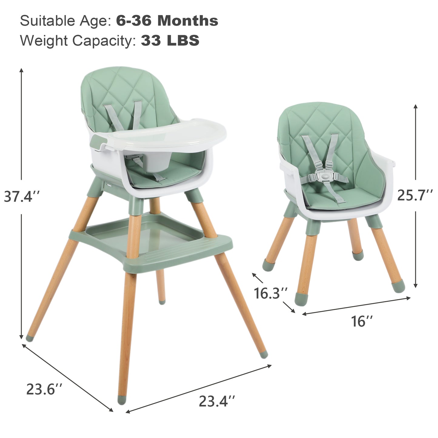 AILEEKISS 7 in 1 Wooden Baby High Chair Infant Feeding Chair with Removable Tray, Green