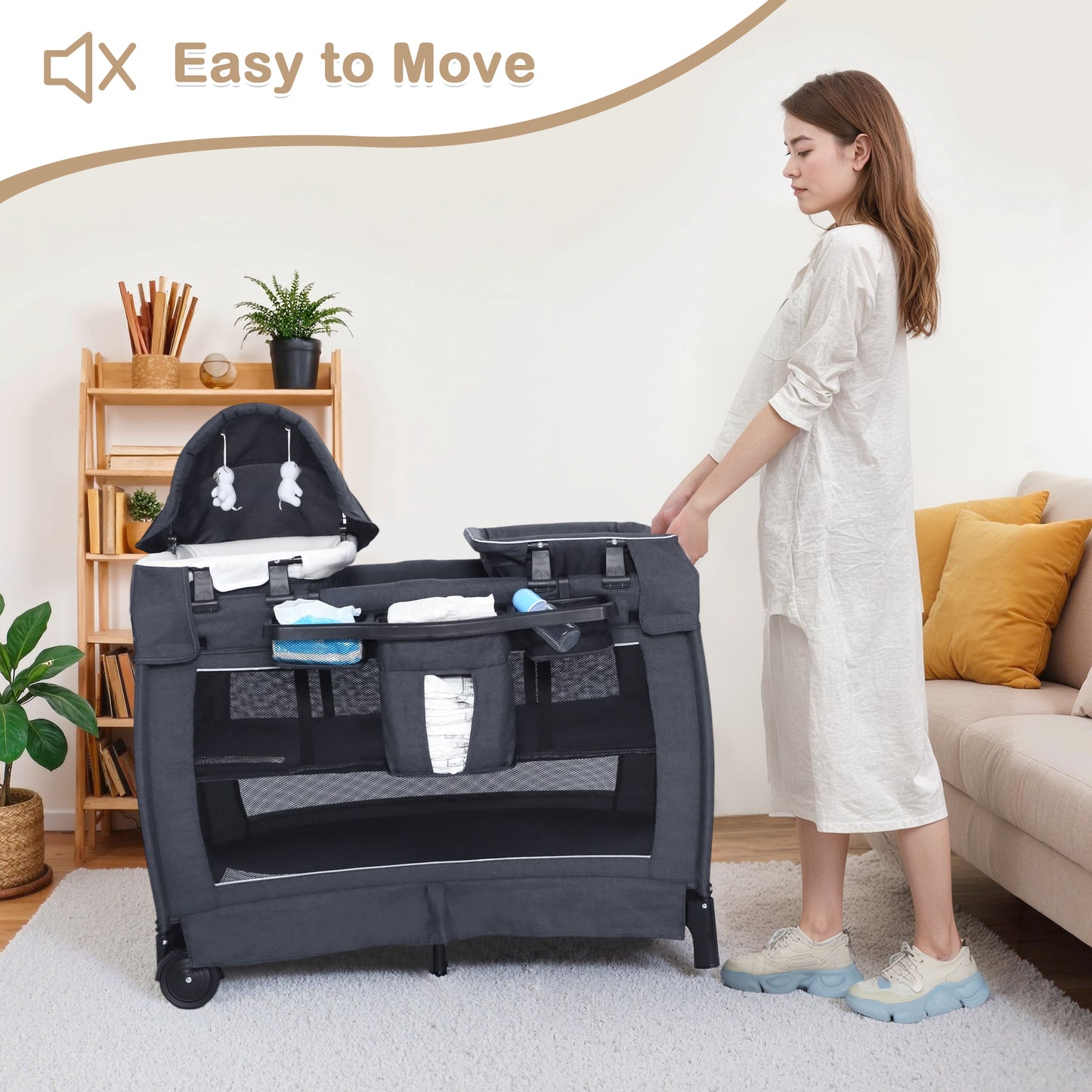 AILEEKISS 3-in-1 Nursery Center, Foldable Baby Playard with Changing Table for Newborn, Dark Grey