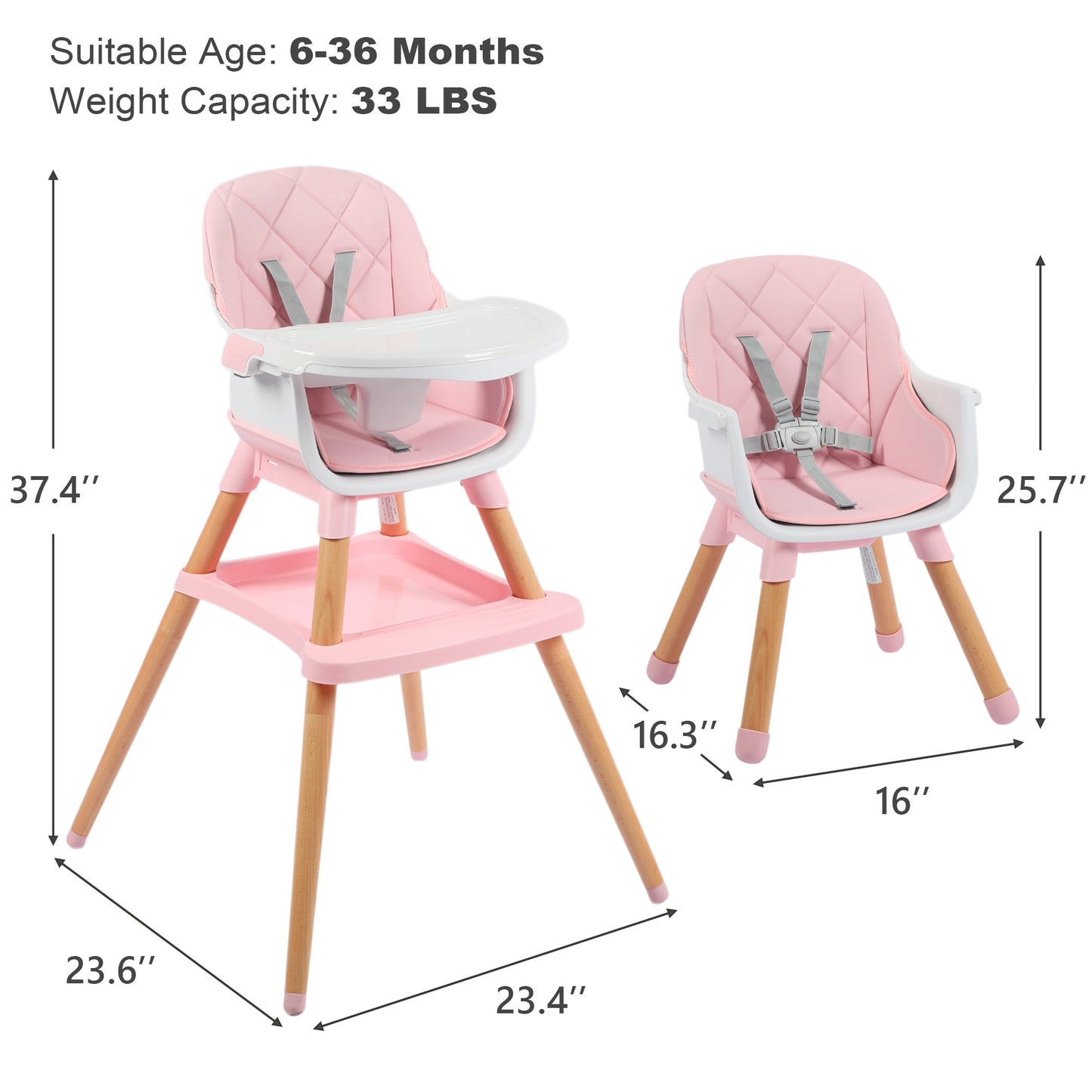 AILEEKISS 7 in 1 Wooden Baby High Chair for Toddler, Infant Feeding Chair with Removable Tray, Pink