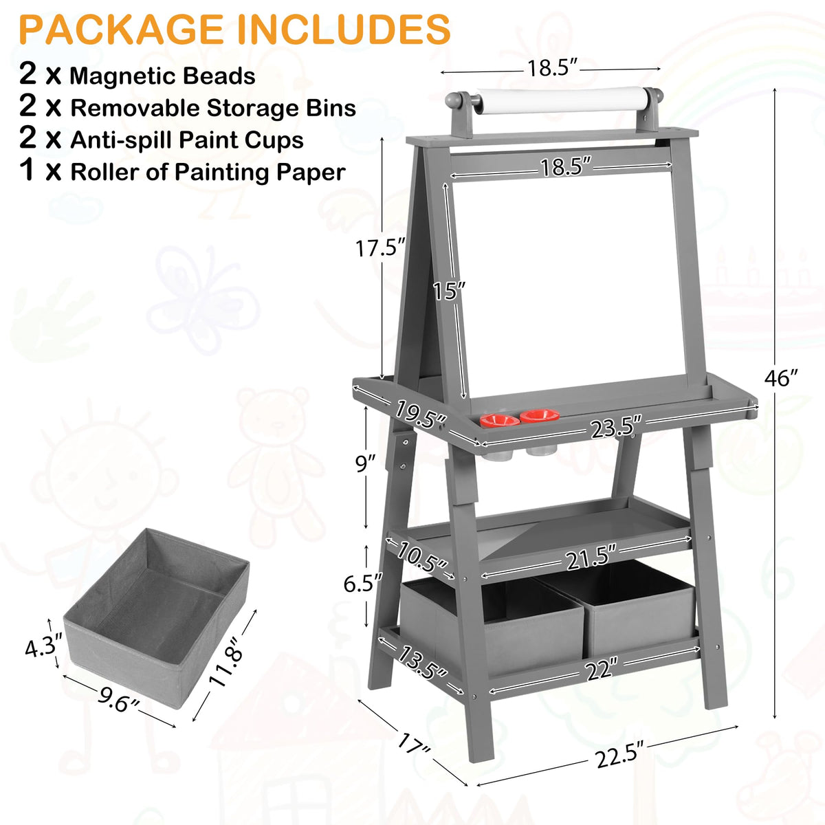LINLUX 3 in 1 Kids Art Easel Drawing Board Double-Sided Whiteboard Chalkboard, Grey