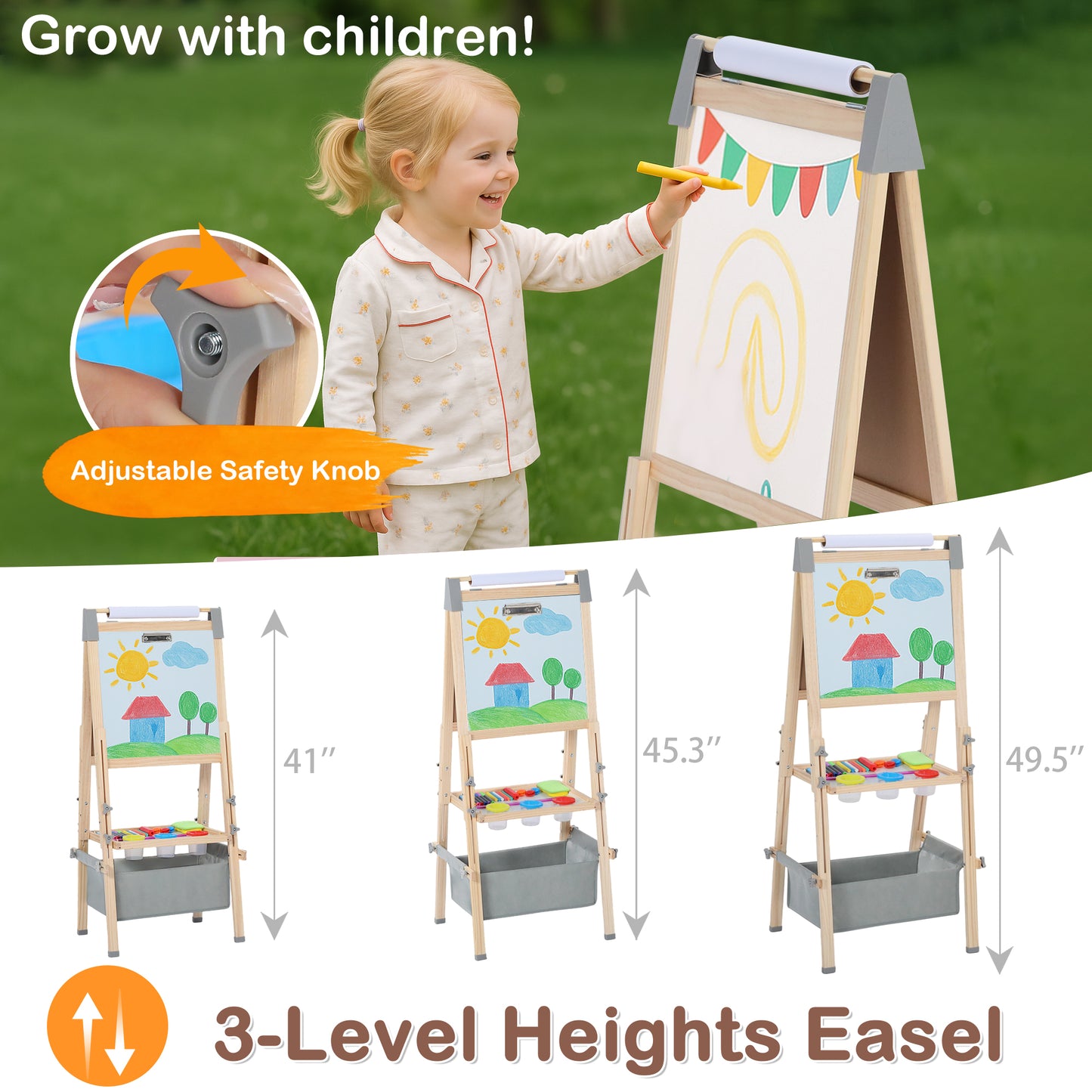 LINLUX Double-Sided Art Easel for Kids, 3 in 1 Wooden Kids Easel w/Paper Roller & Art Supplies, Grey
