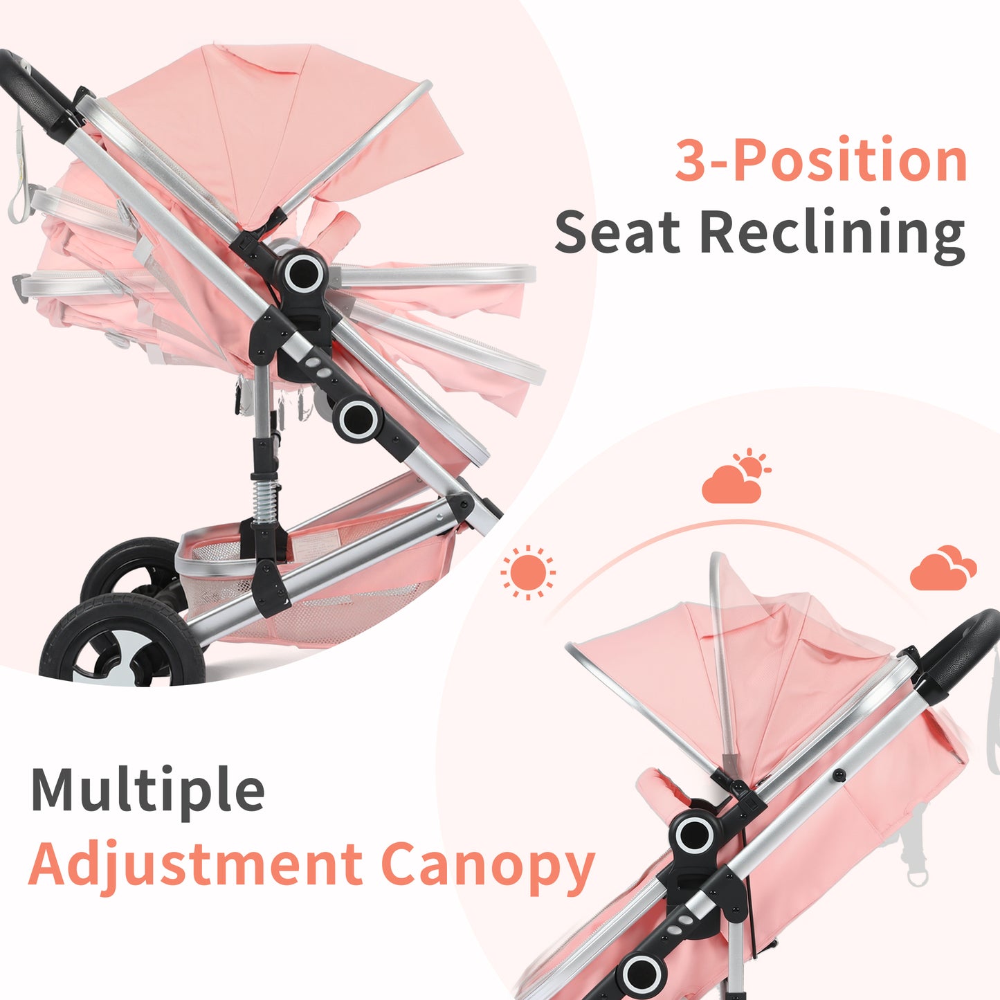 AILEEKISS 3 in 1 Convertible Baby Stroller, Unisex Folding Newborn Stroller with Big Seat, Pink