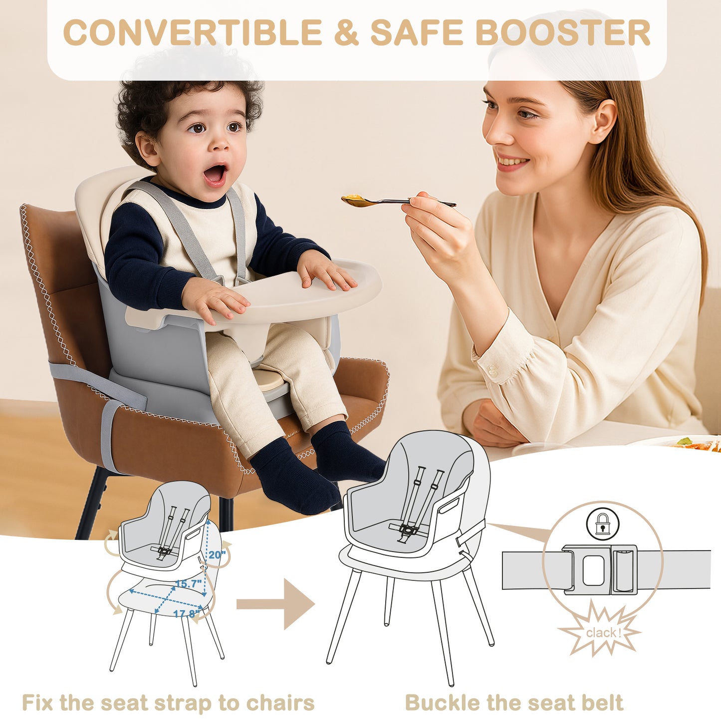 AILEEKISS 8 in 1 Baby High Chair, Toddler Dining Booster Seat for Eating, Khaki