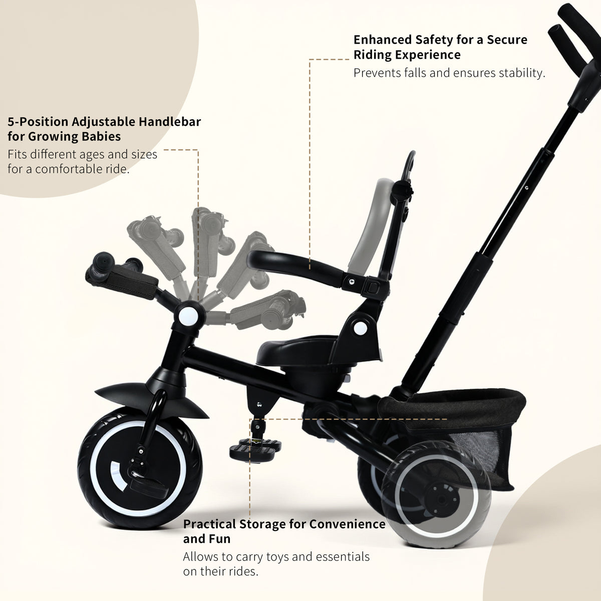 AILEEKISS 7-in-1 Kids' Tricycle with Push Handle, Foldable Trike Bicycles for Kids 1-5 Years, Black