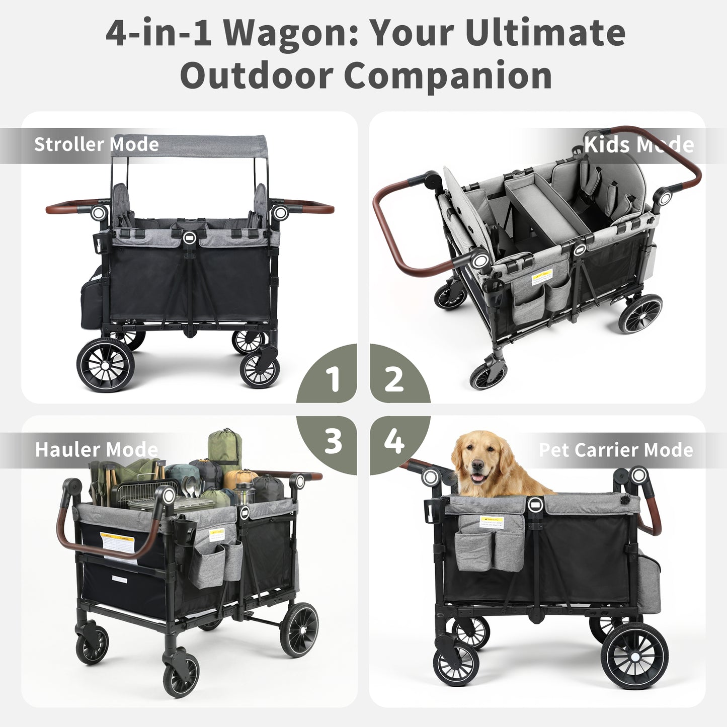 AILEEKISS Wagon Stroller for 4 Toddlers, 4-in-1 Baby Wagon with Canopy, 59 Pounds, Black Grey