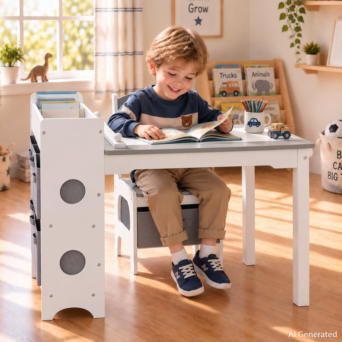 AILEEKISS Kids Table and Chair Set,Children Play Activity Desk for Drawing with 6 Drawers, Grey