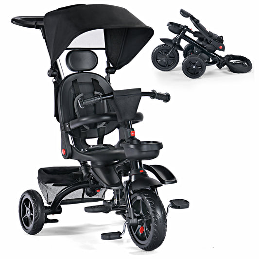 Folding Kids' Tricycle, 8 IN1 Baby Trike W/Removable Canpoy&Parental Push Rod, Toddler Bike Stroller for Kids 1-5 Years, Black