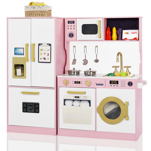 AILEEKISS Wood Kids Play Kitchen, Pretend Kitchen Playset for Children Age 3 Years up, Pink