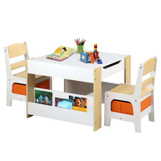 LINLUX Kids Table and Chair Set, Wooden Table Set for Kids, Child Activity Desk W/ Bookshelf, Natural