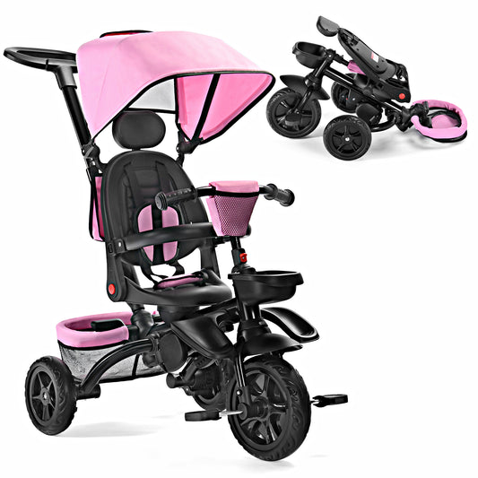 Folding Kids' Tricycle, 8 IN1 Baby Trike W/Removable Canpoy&Parental Push Rod, Toddler Bike Stroller for Kids 1-5 Years, Pink