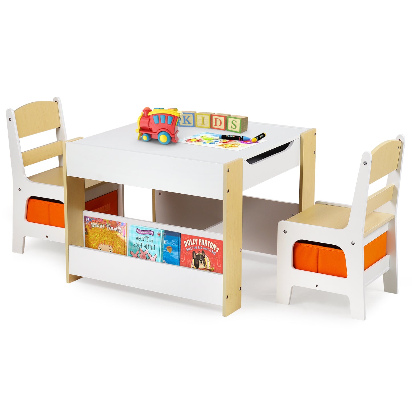 4 in 1 Kids Wood Table & 2 Chairs Set, Children Activity Table Toddler w/Storage, Natural