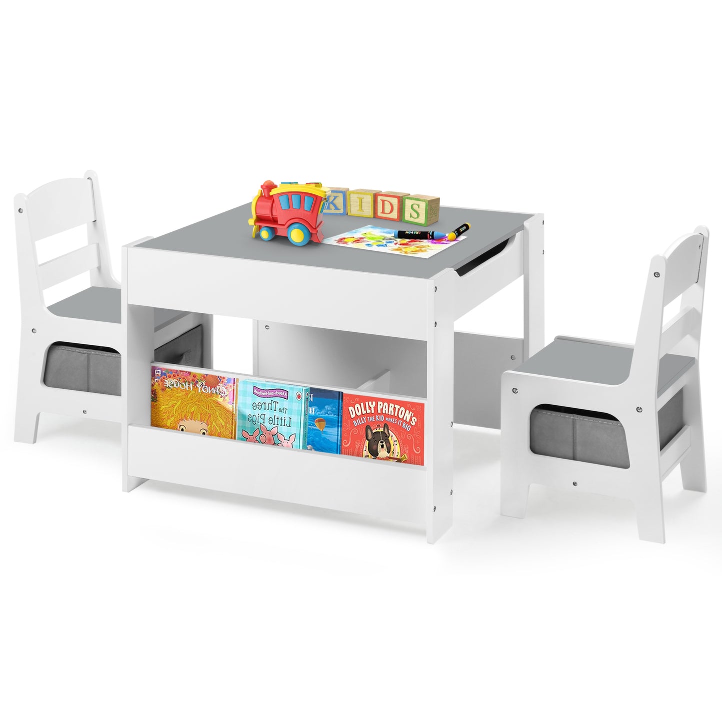 4 in 1 Kids Wood Table & 2 Chairs Set, Children Activity Table for Toddler w/Storage, Grey