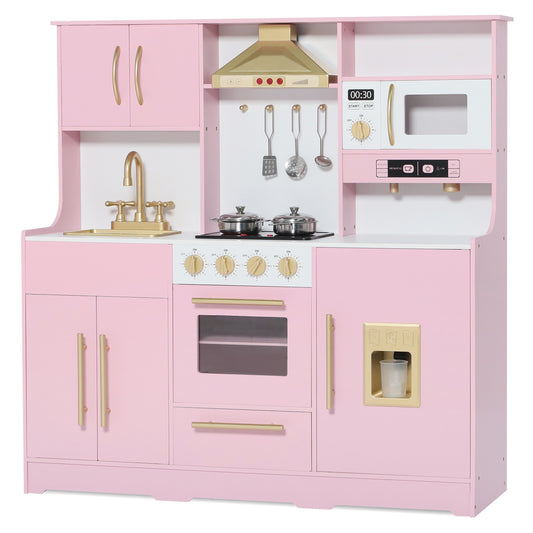 AILEEKISS Wood Kids Play Kitchen, Pretend Kitchen Playset for Children Age 3 Years up, Pink