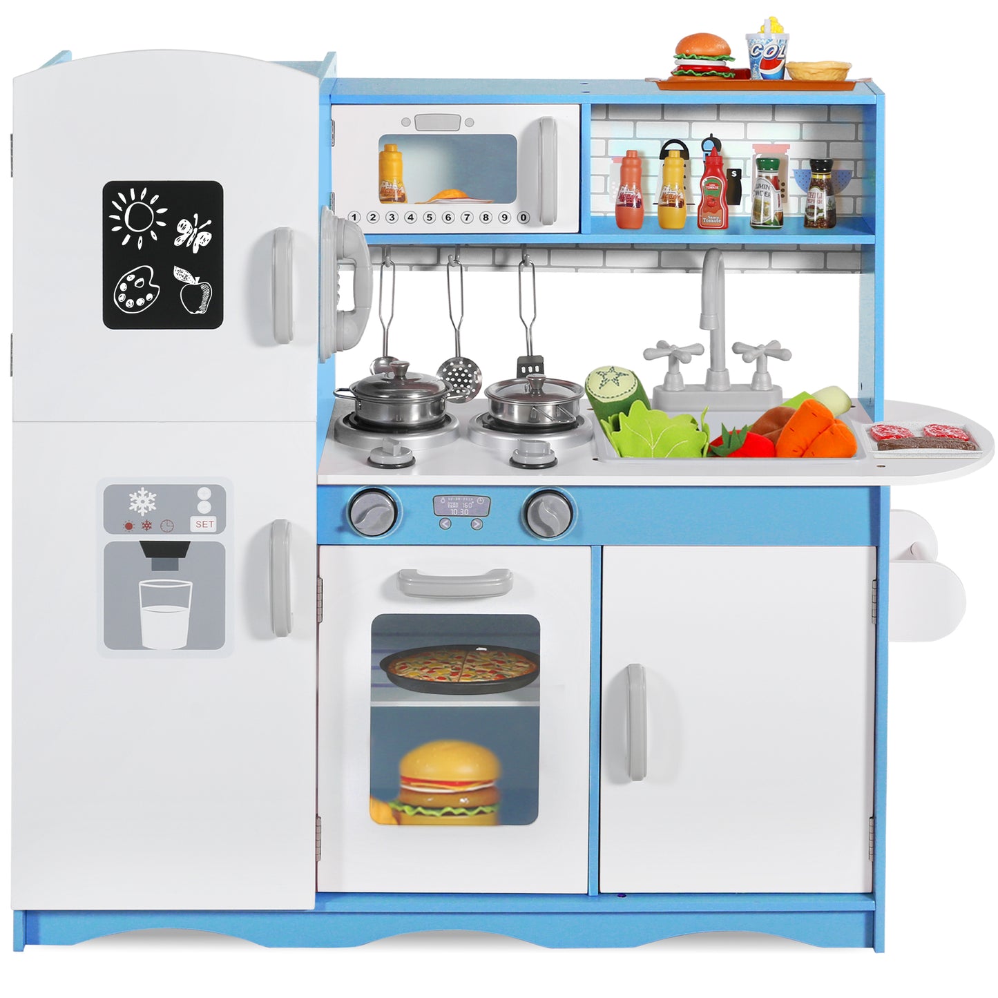 AILEEKISS Kids Play Kitchen Set, Wood Kitchen Playset for Toddler with Accessories, Blue