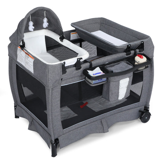 AILEEKISS 3-in-1 Nursery Center, Foldable Baby Playard with Changing Table for Newborn, Grey