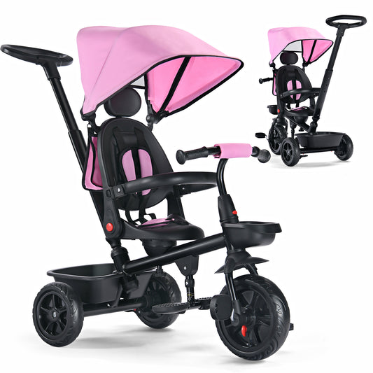 Kids' Tricycle, 6 IN 1 Baby Trike with Removable Canpoy& Push Handle, Toddler Bike for Kids 12-60 Months, Pink