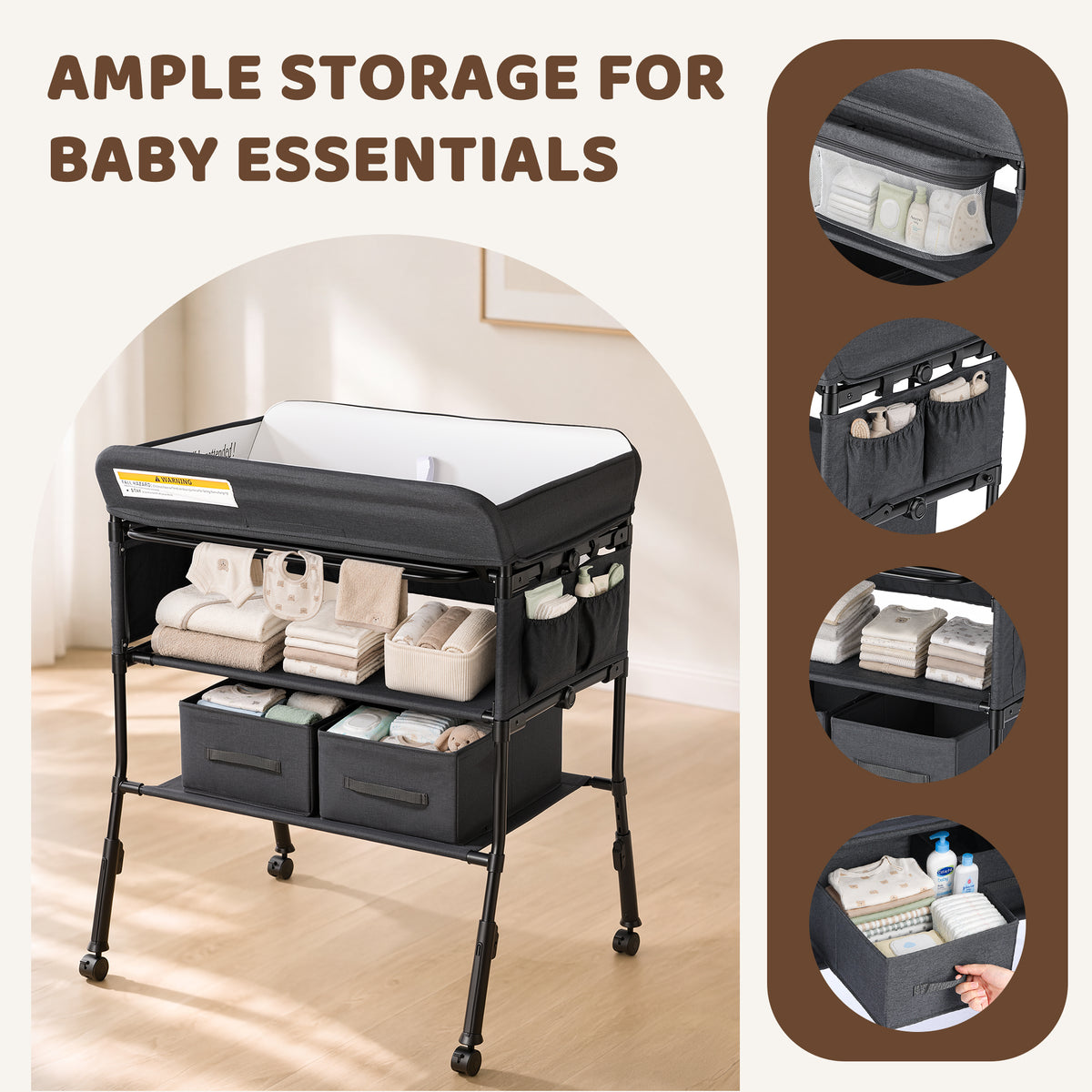 AILEEKISS Baby Diaper Changing Table, Waterproof Folding Changing Station with 2 Drawers, Black Grey